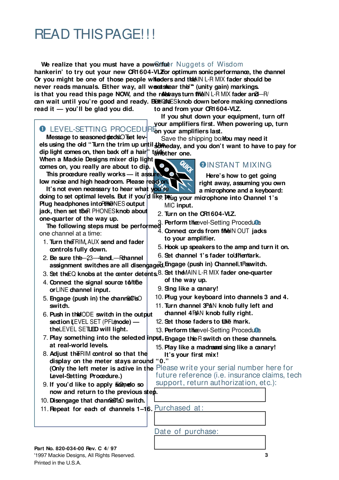 Mackie CR1604 - VLZ owner manual Read this, LEVEL-SETTING Procedure, Instant Mixing, Other Nuggets of Wisdom 