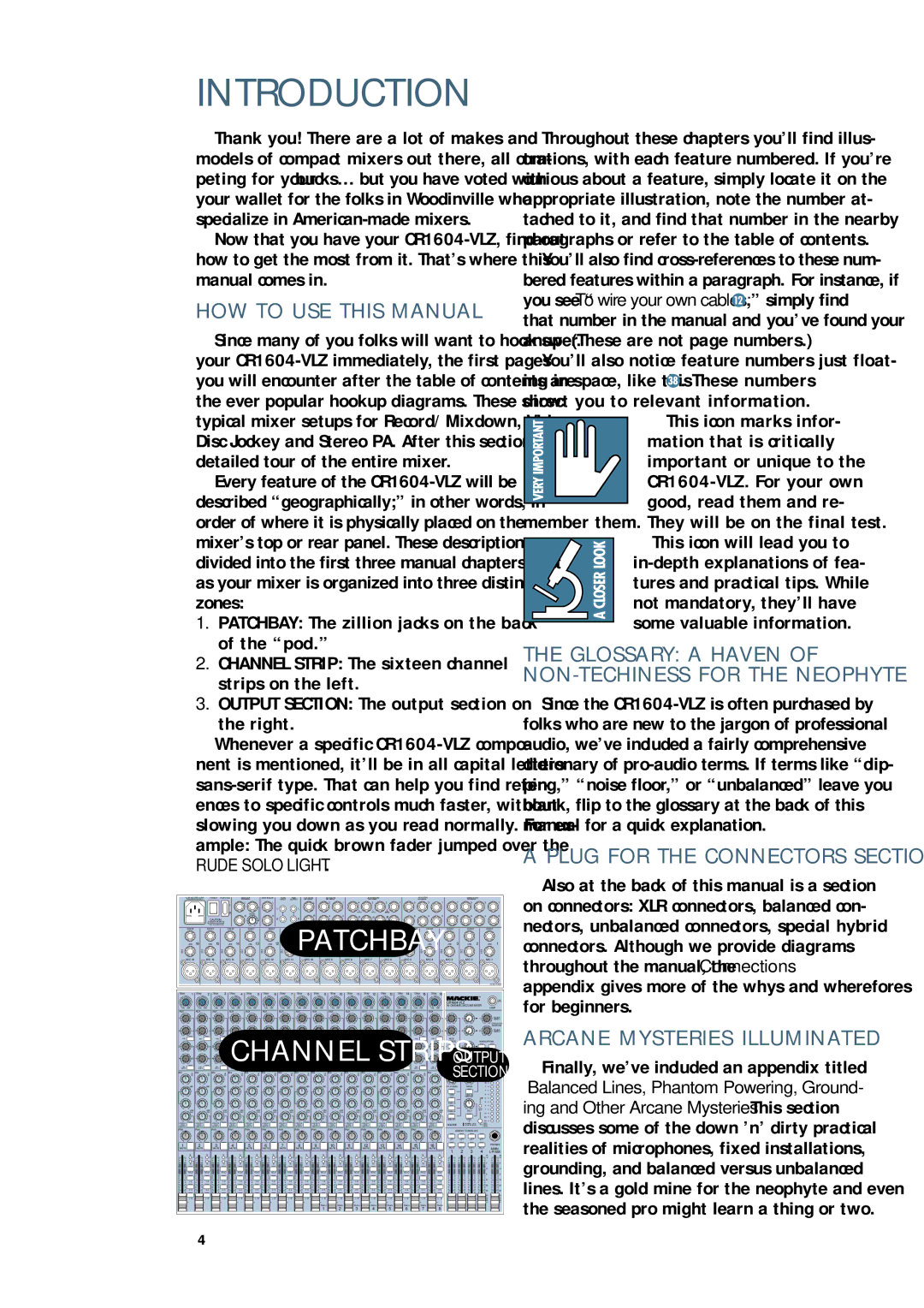 Mackie CR1604 - VLZ Introduction, HOW to USE this Manual, Plug for the Connectors Section, Arcane Mysteries Illuminated 