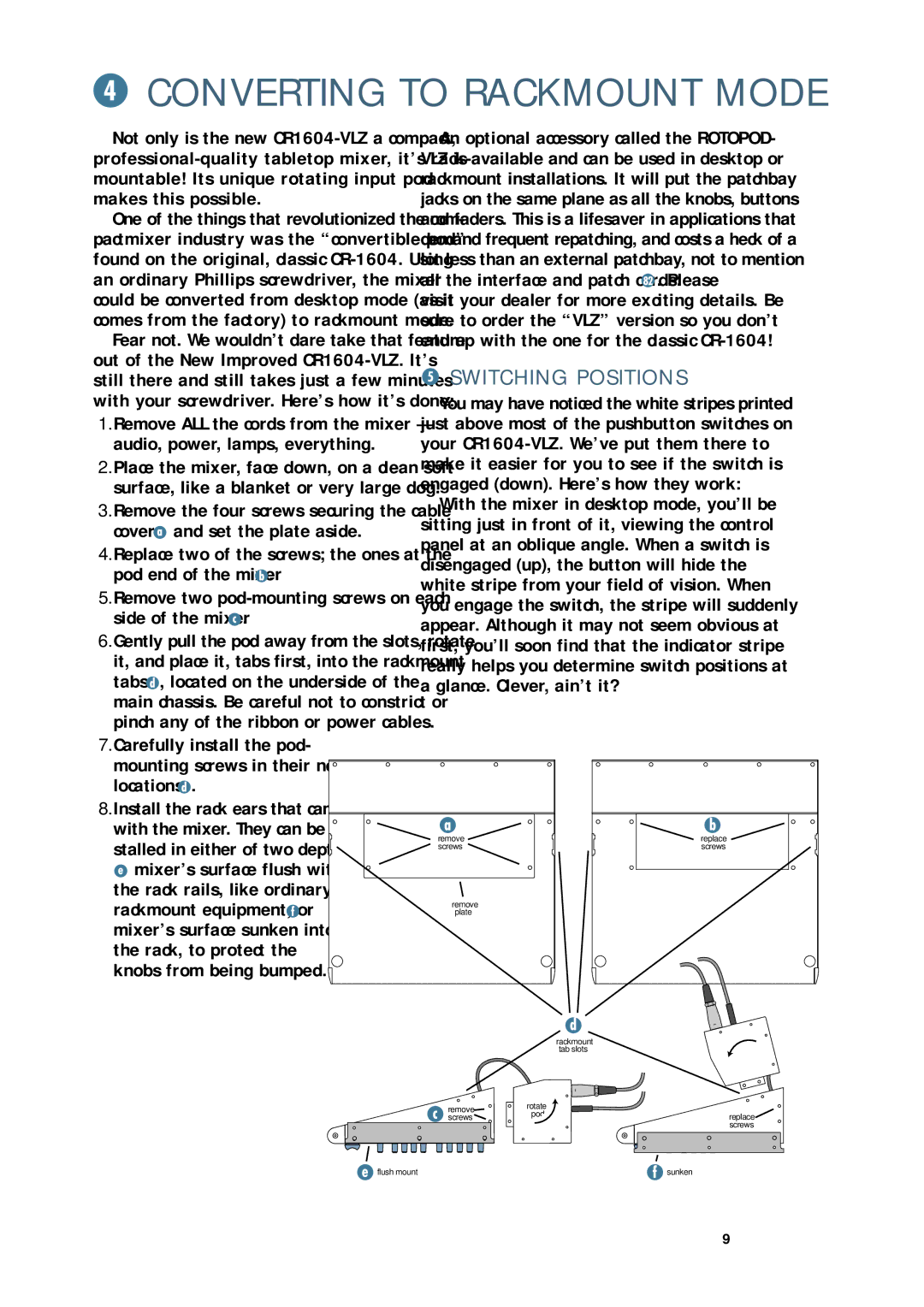 Mackie CR1604 - VLZ owner manual Converting to Rackmount Mode, Switching Positions 