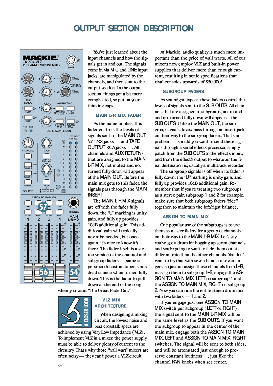 Mackie CR1604 - VLZ Output Section Description, Vlz Mix Architecture, Subgroup Faders, Assign To Main Mix, and TAPE 