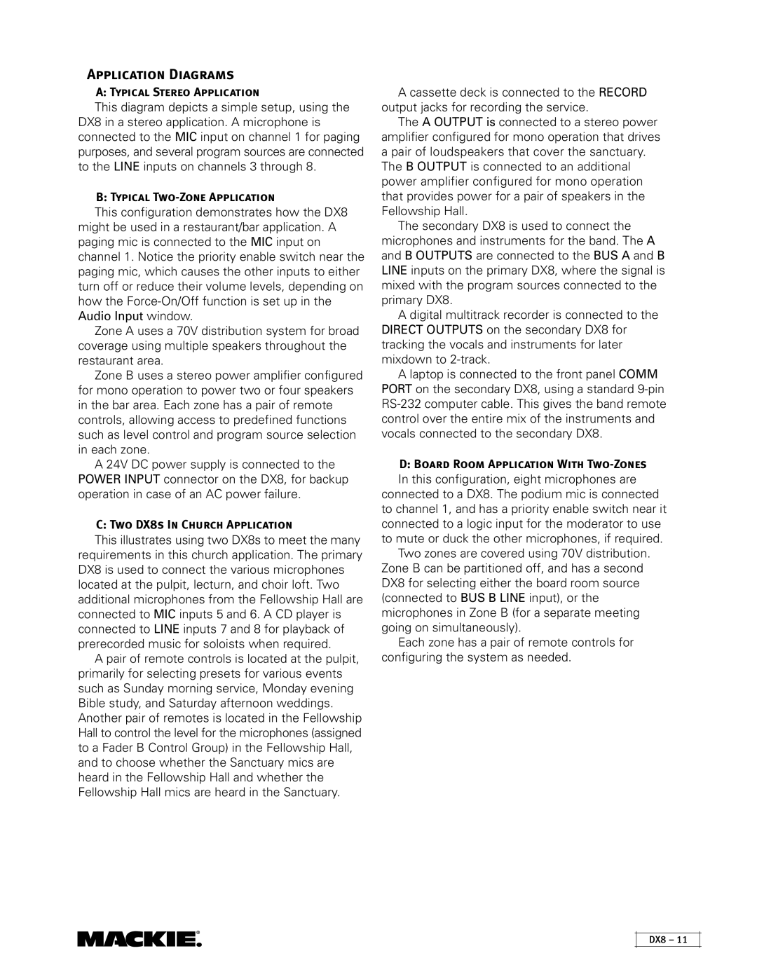 Mackie Application Diagrams, Typical Stereo Application, Typical Two-Zone Application, Two DX8s In Church Application 