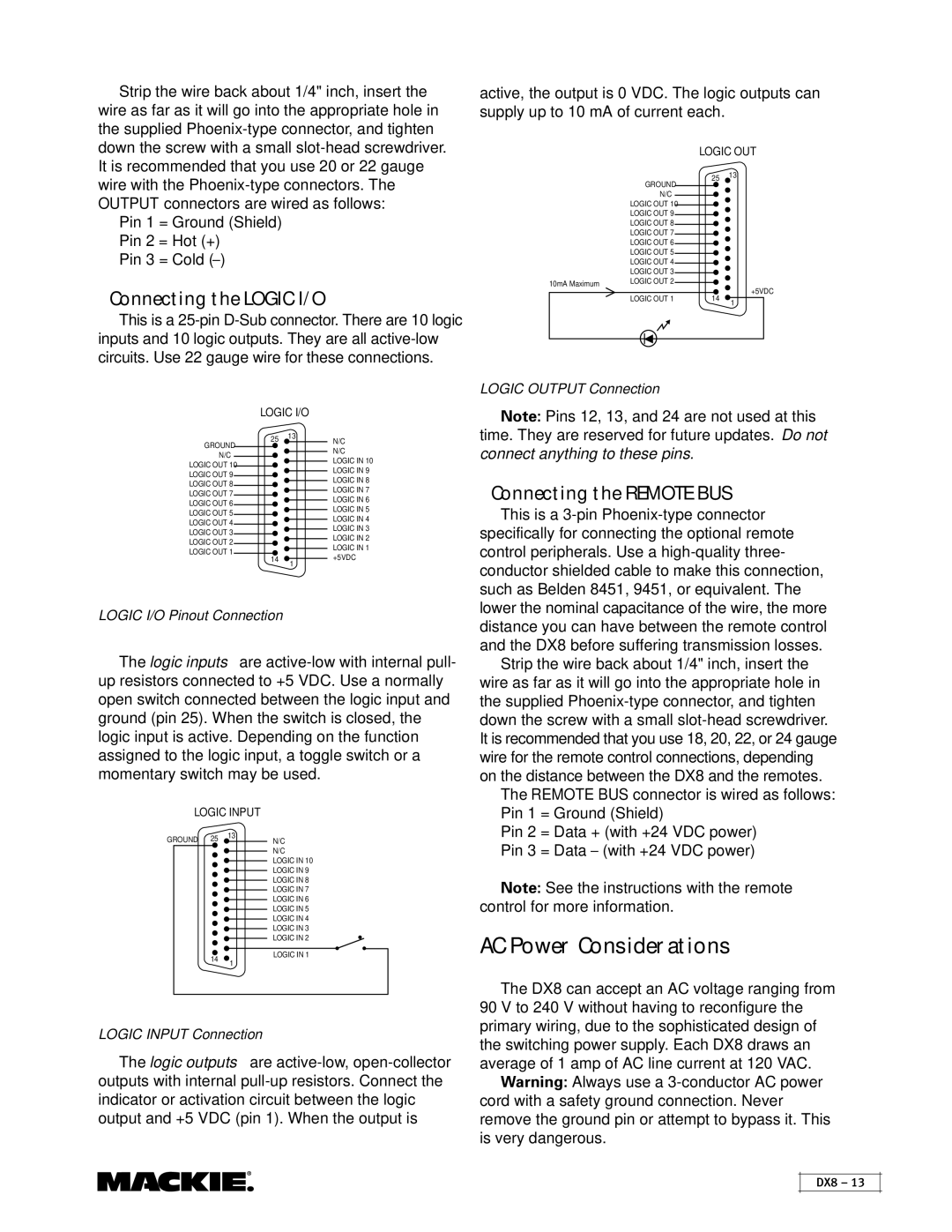 Mackie DX8 instruction manual AC Power Considerations, Connecting the Logic I/O, Connecting the Remote BUS 