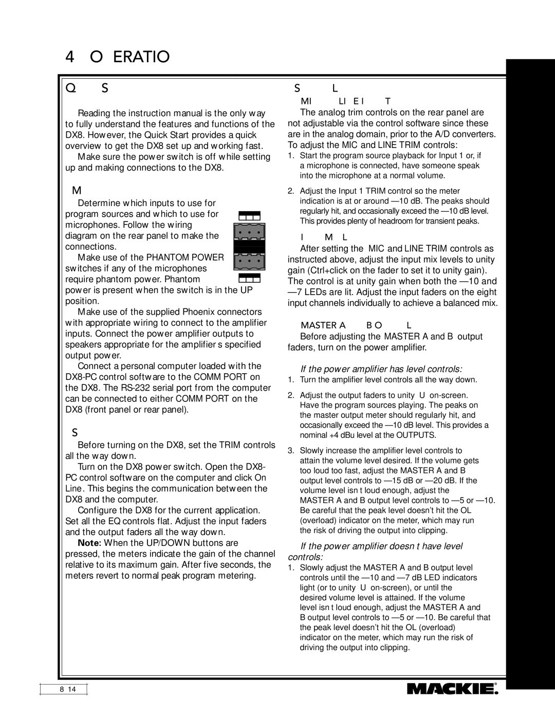 Mackie DX8 instruction manual Quick Start, Start Up, Set the Levels 