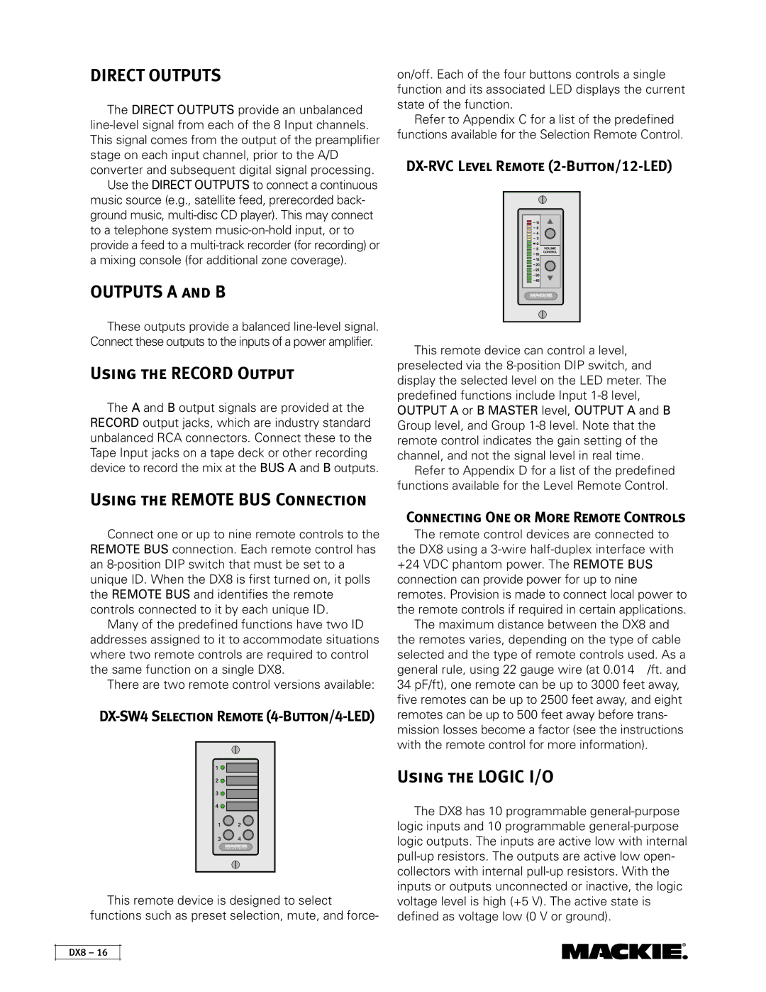 Mackie DX8 instruction manual Direct Outputs, Outputs a and B, Using the Record Output, Using the Logic I/O 