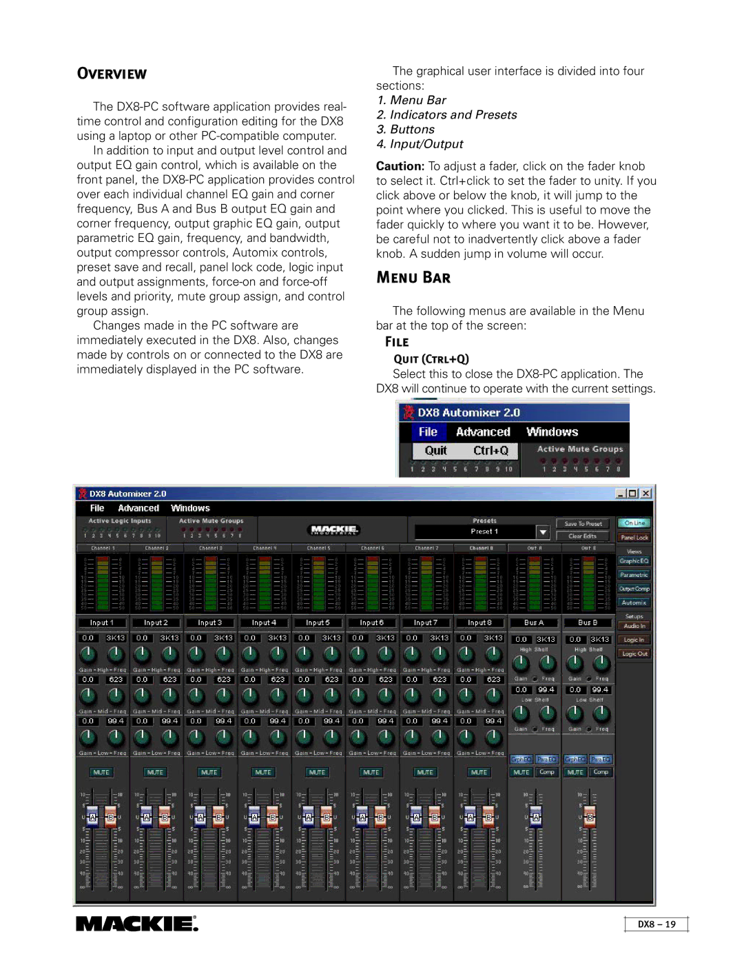 Mackie DX8 instruction manual Overview, Menu Bar, File, Quit Ctrl+Q 