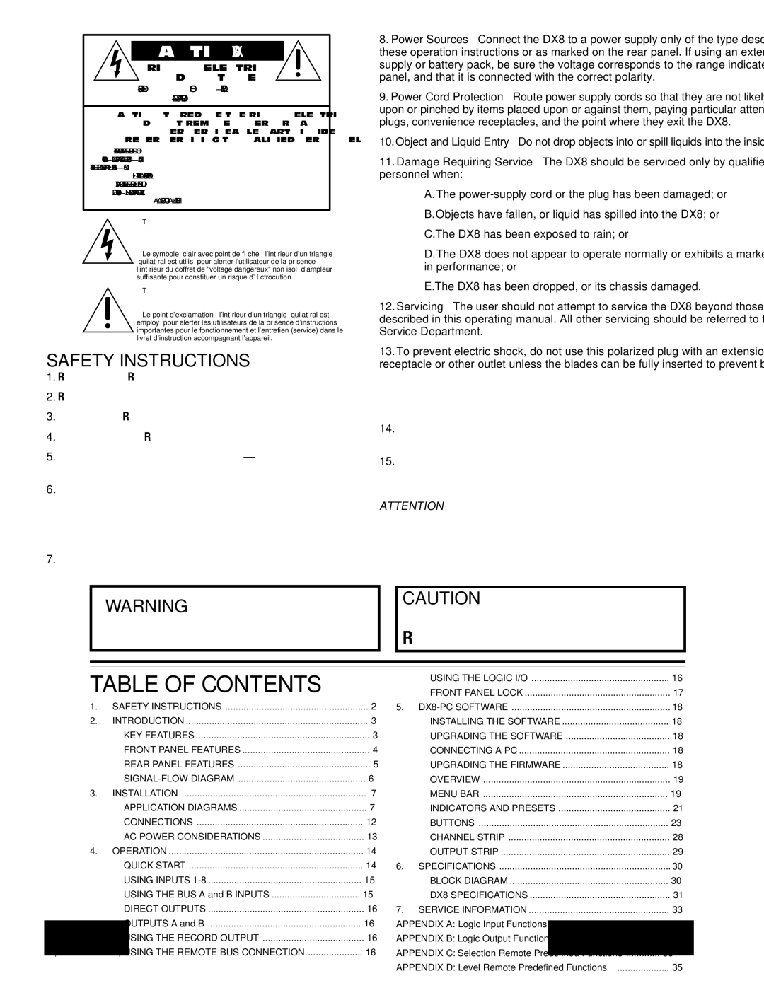 Mackie DX8 instruction manual Table of Contents 