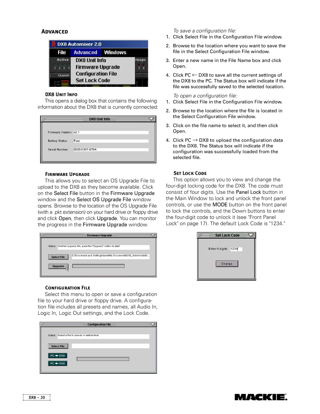 Mackie instruction manual Advanced, DX8 Unit Info, Firmware Upgrade, Configuration File, Set Lock Code 