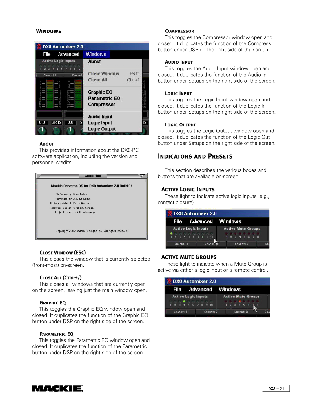 Mackie DX8 instruction manual Indicators and Presets, Windows, Active Logic Inputs, Active Mute Groups 