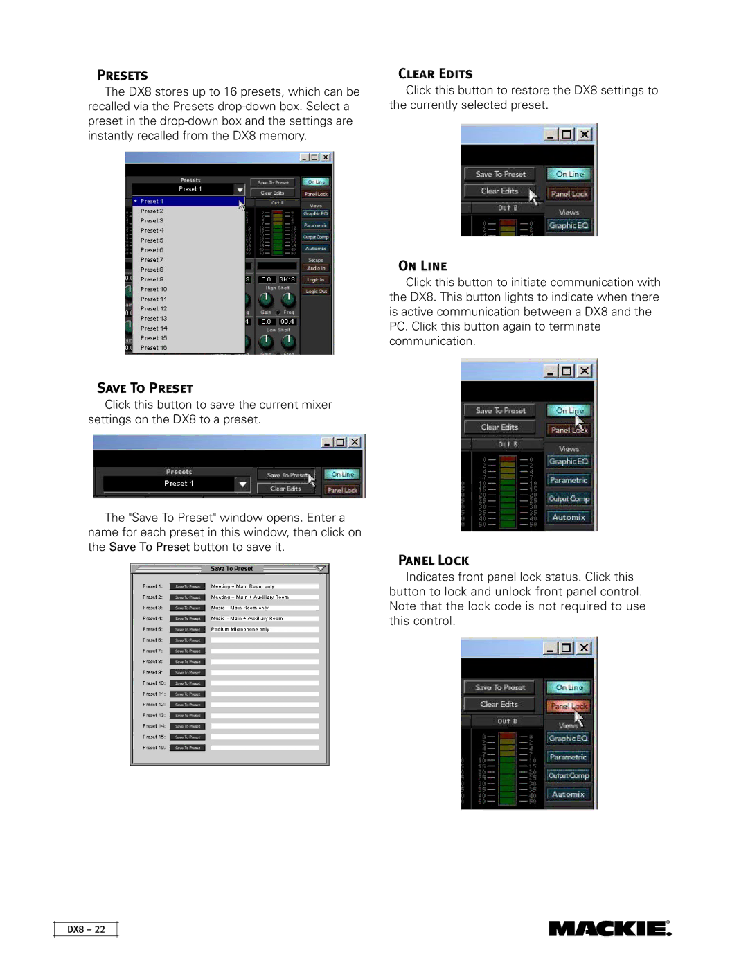 Mackie DX8 instruction manual Presets, Save To Preset, Clear Edits, On Line, Panel Lock 