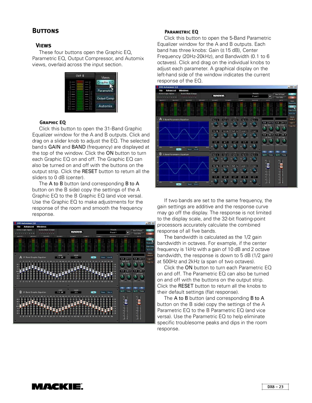 Mackie DX8 instruction manual Buttons, Views 