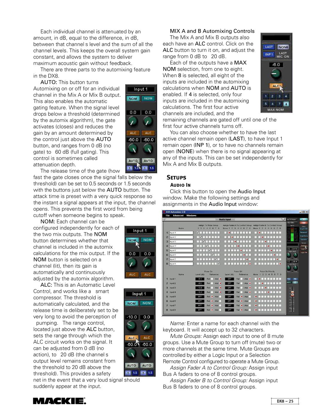 Mackie DX8 instruction manual Setups, Audio 