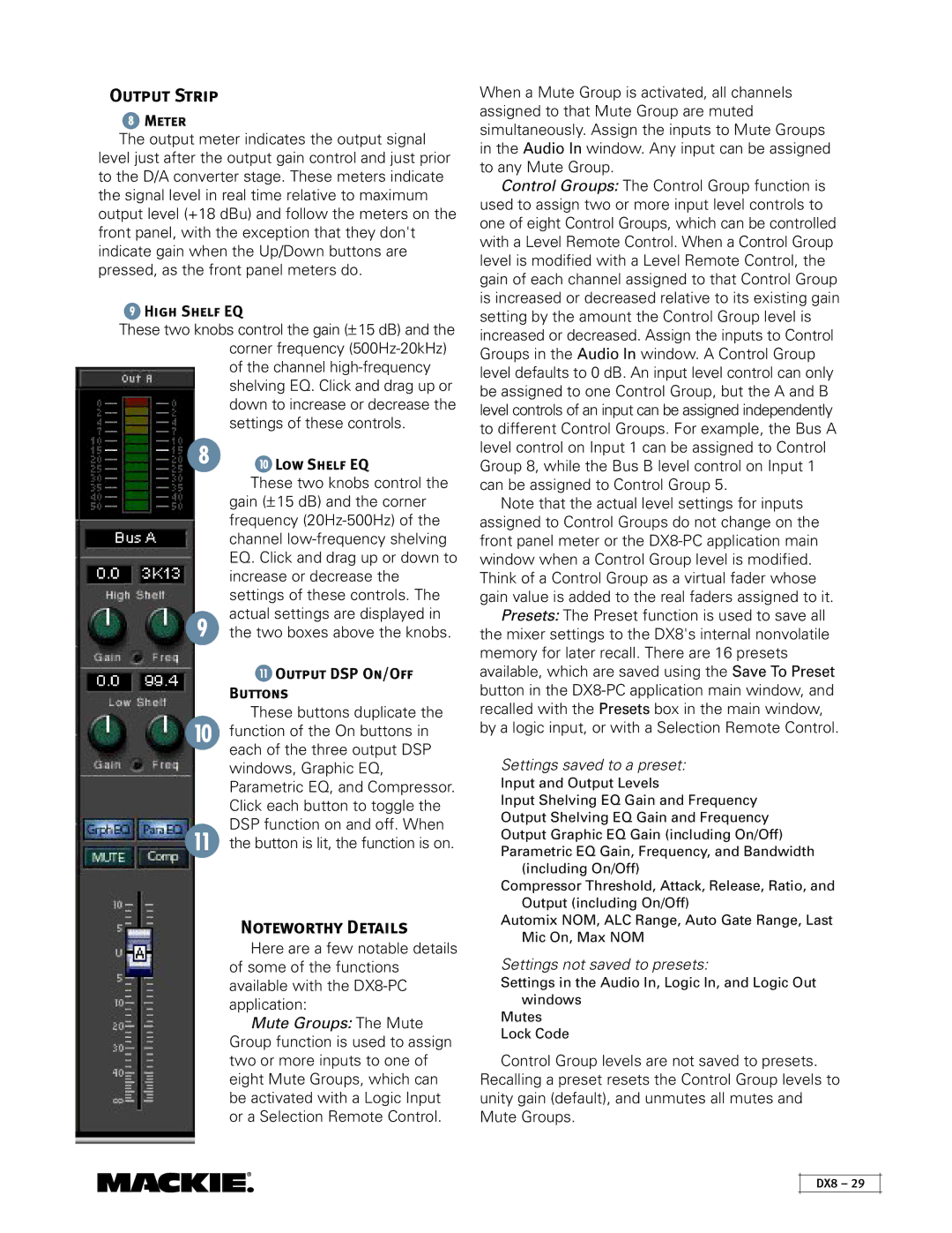 Mackie DX8 instruction manual Output Strip, Output DSP On/Off Buttons 