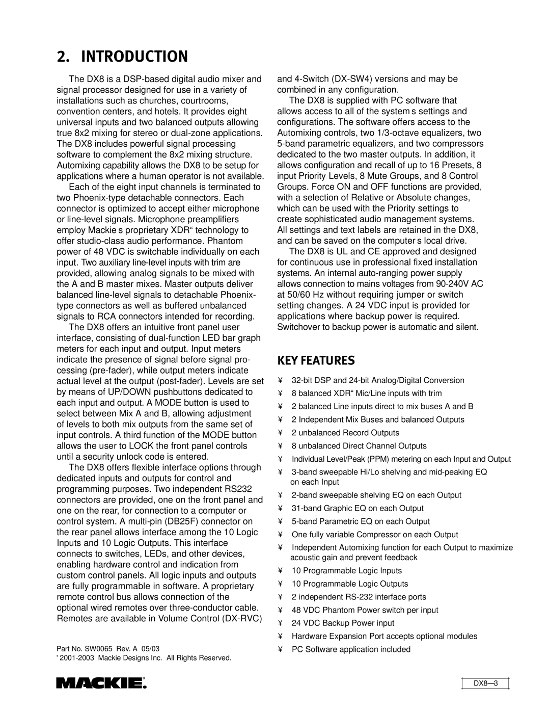 Mackie DX8 instruction manual Introduction, KEY Features 