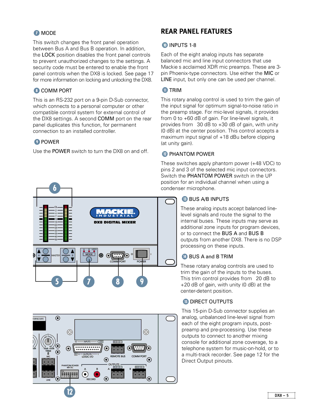 Mackie DX8 instruction manual Rear Panel Features, Mode 