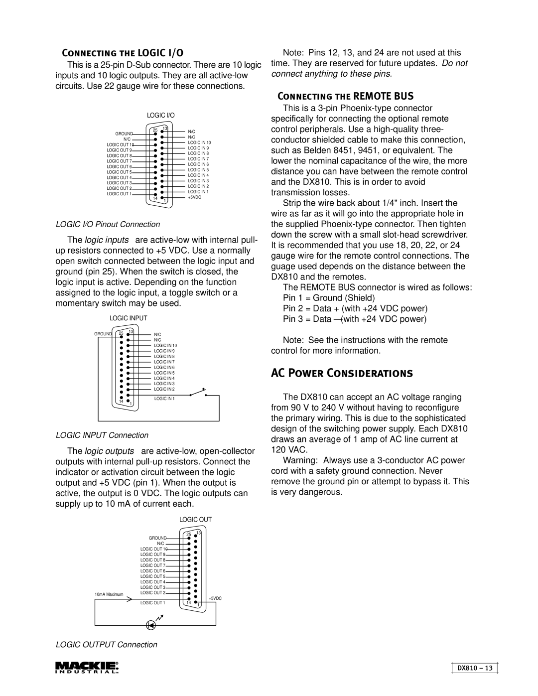 Mackie DX810 instruction manual AC Power Considerations, Connecting the Logic I/O, Connecting the Remote BUS 