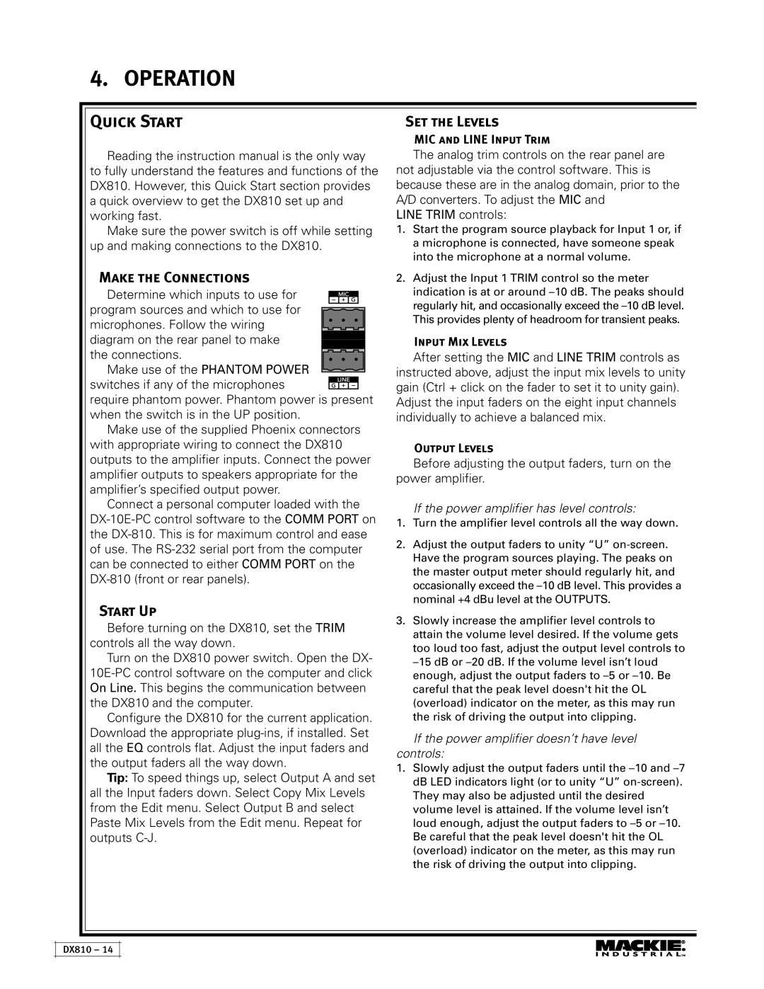 Mackie DX810 instruction manual Operation, Quick Start, Make the Connections, Start Up, Set the Levels 