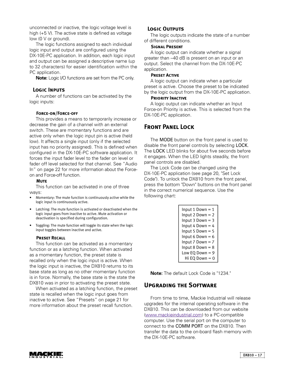 Mackie DX810 instruction manual Front Panel Lock, Upgrading the Software, Logic Inputs, Logic Outputs 