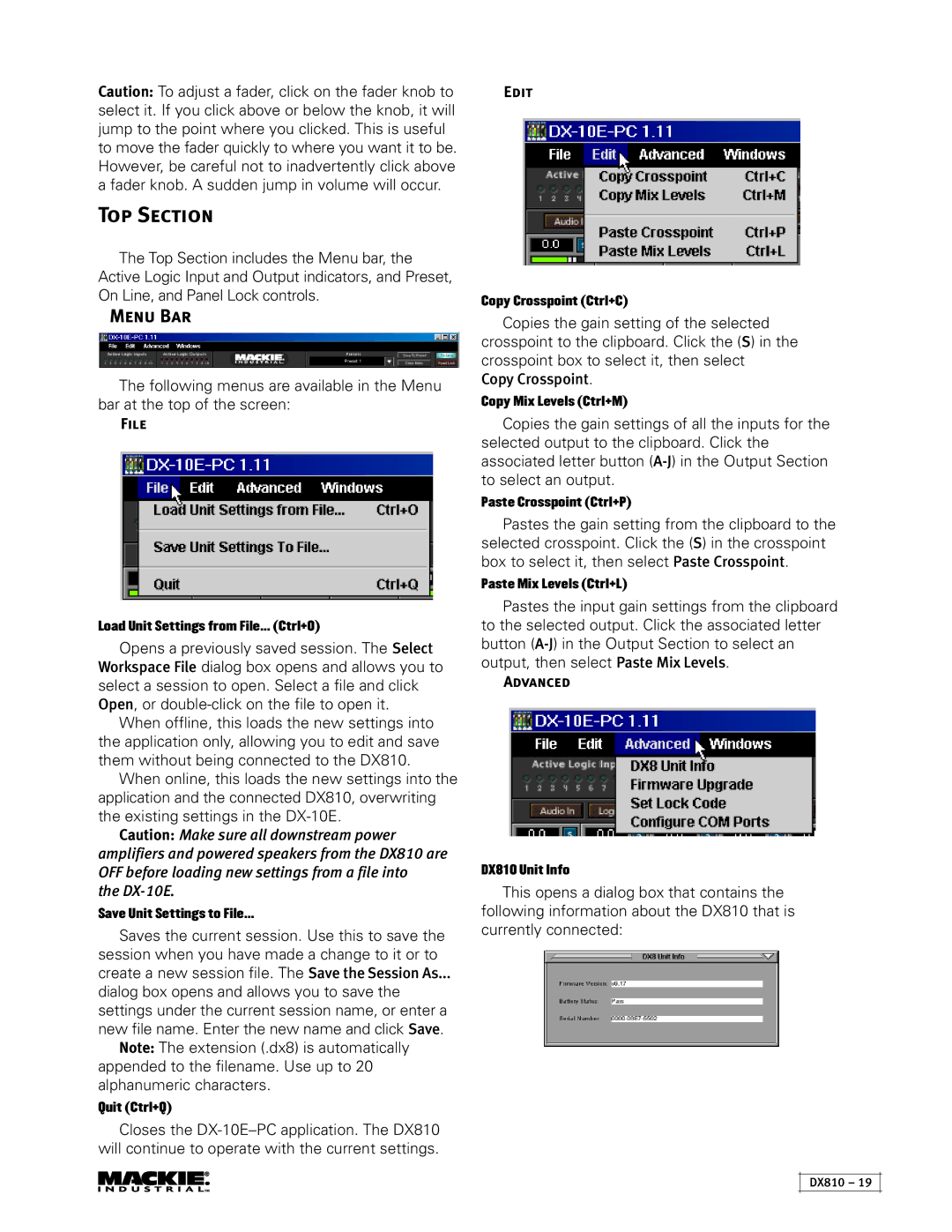 Mackie DX810 instruction manual Top Section, Menu Bar, File, Edit, Advanced 