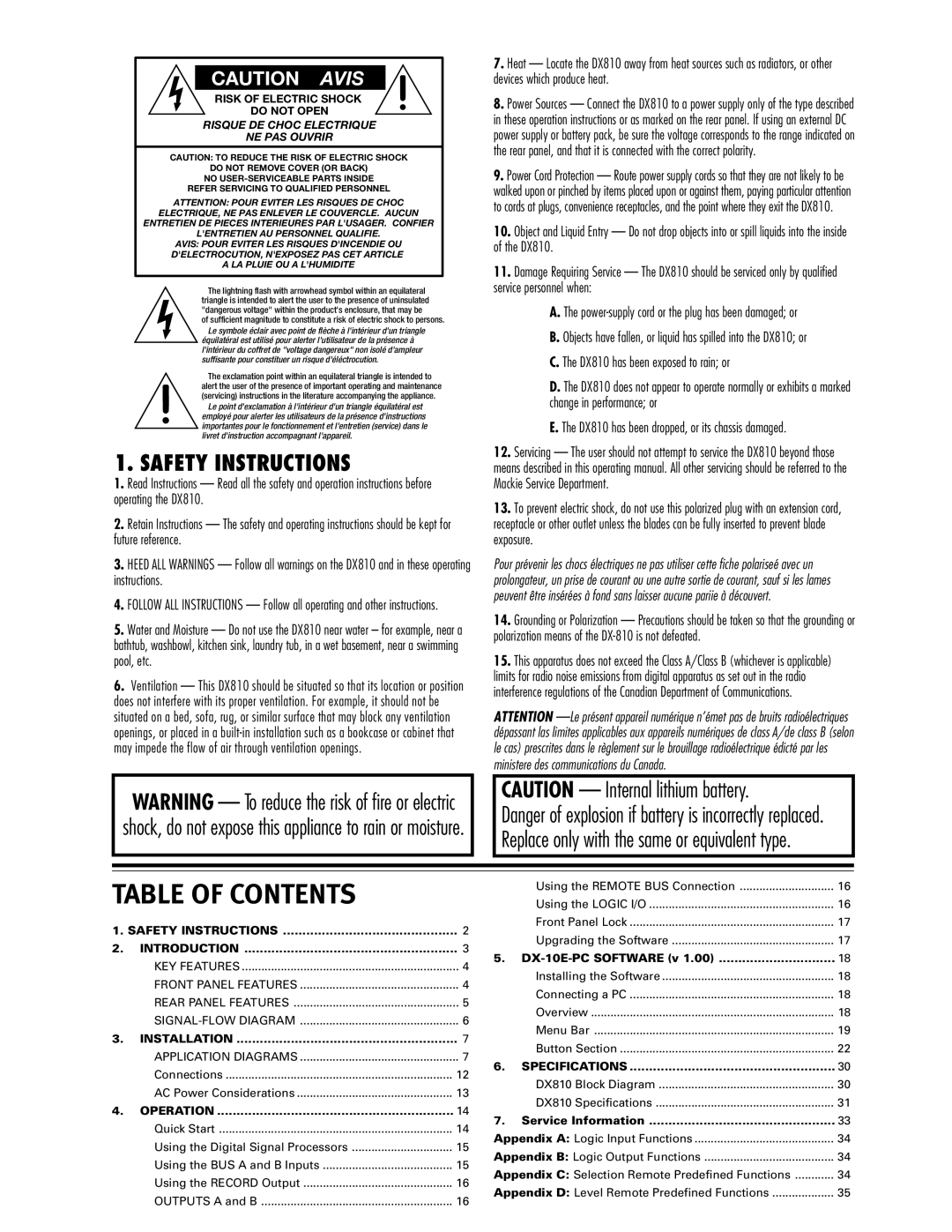 Mackie DX810 instruction manual Table of Contents 