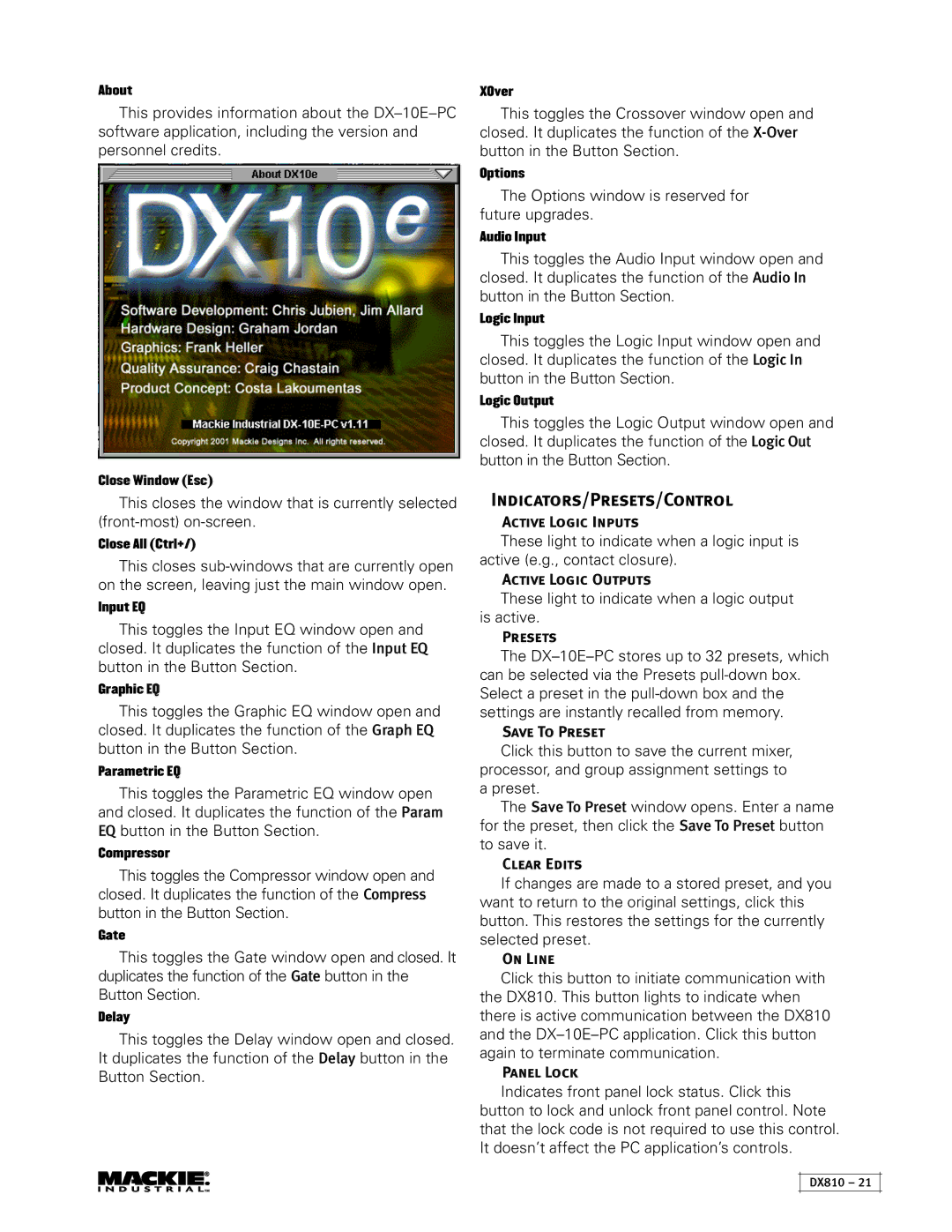 Mackie DX810 instruction manual Indicators/Presets/Control 