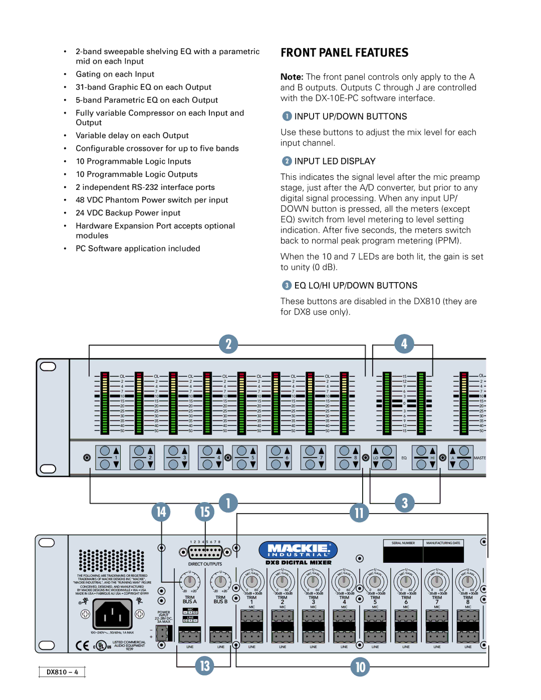 Mackie DX810 instruction manual Front Panel Features, Listed Commercial, Audio Equipment, Line 