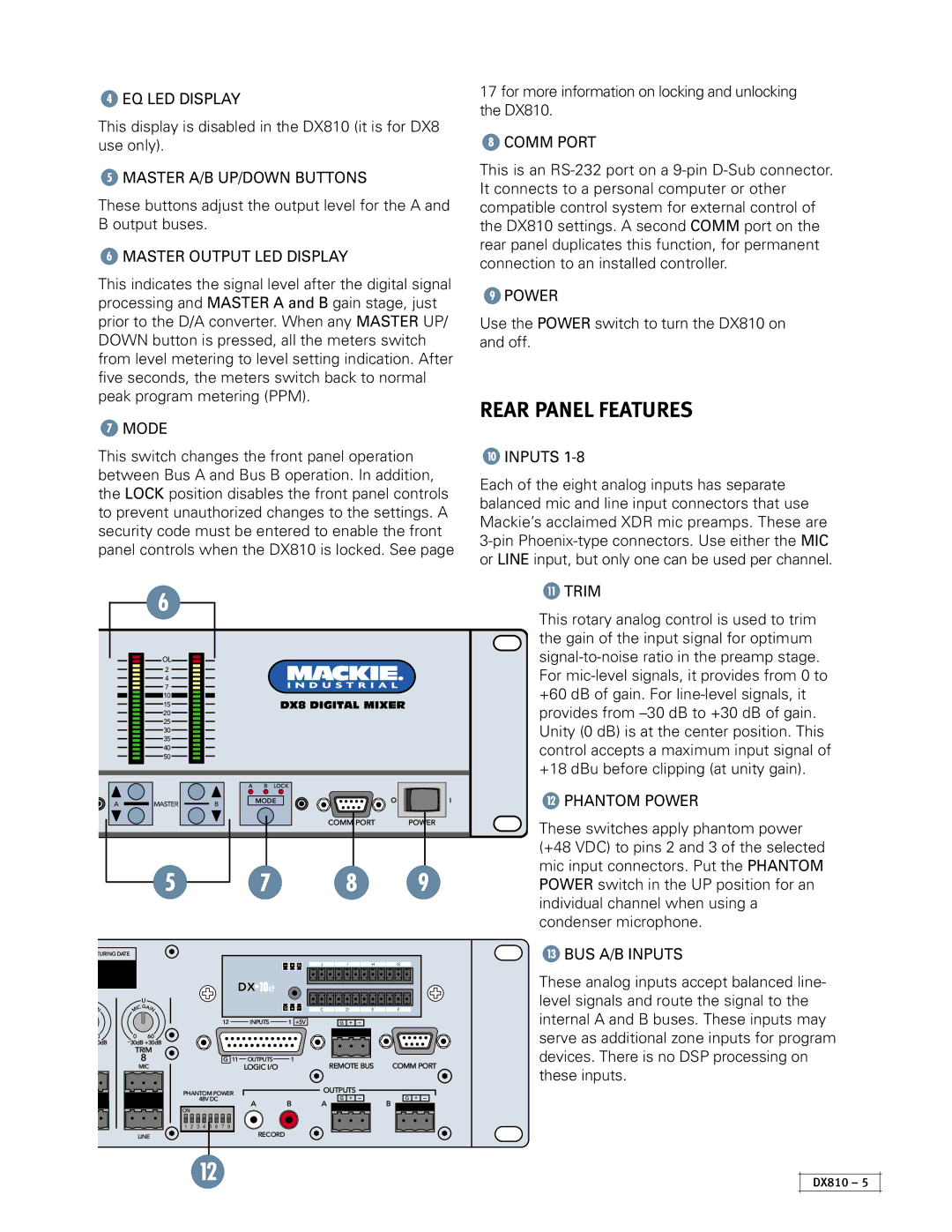 Mackie DX810 instruction manual Rear Panel Features, Inputs 