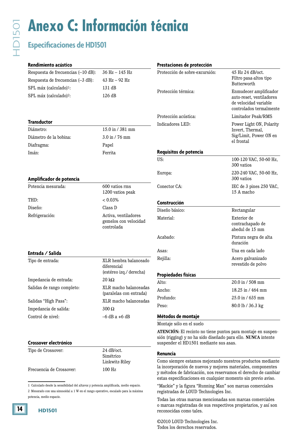 Mackie manual Anexo C Información técnica, Especificaciones de HD1501 