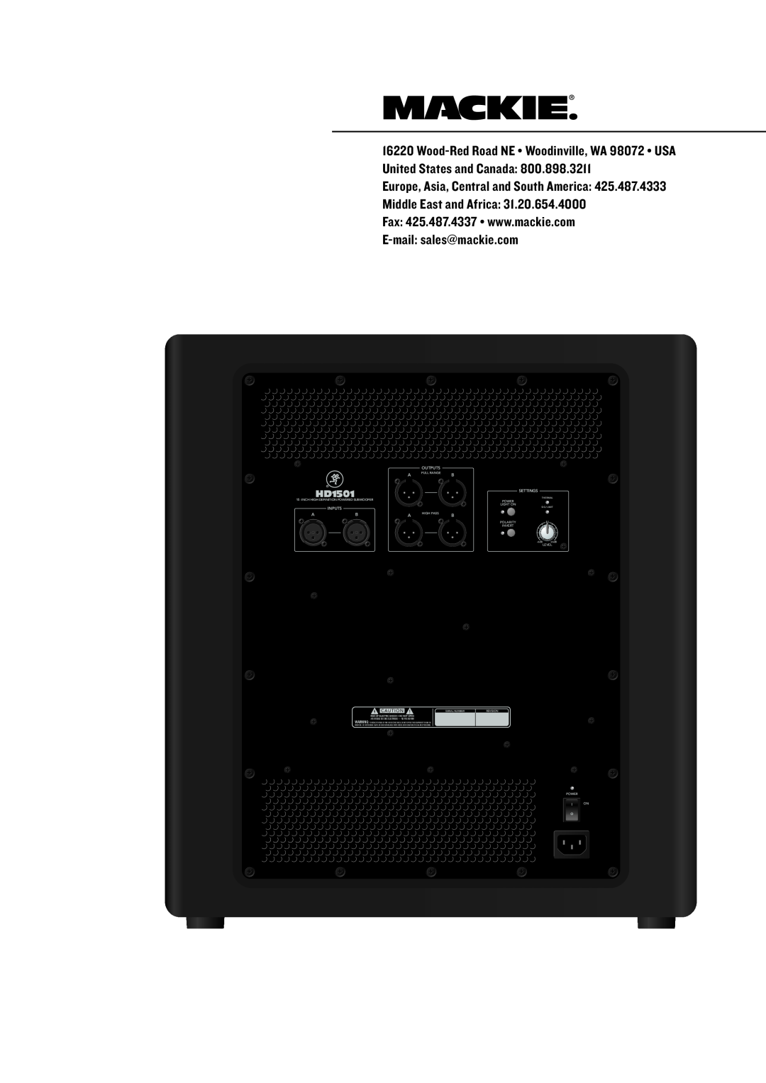 Mackie HD1501 manual Europe, Asia, Central and South America, Middle East and Africa, Outputs, Settings, Inputs 