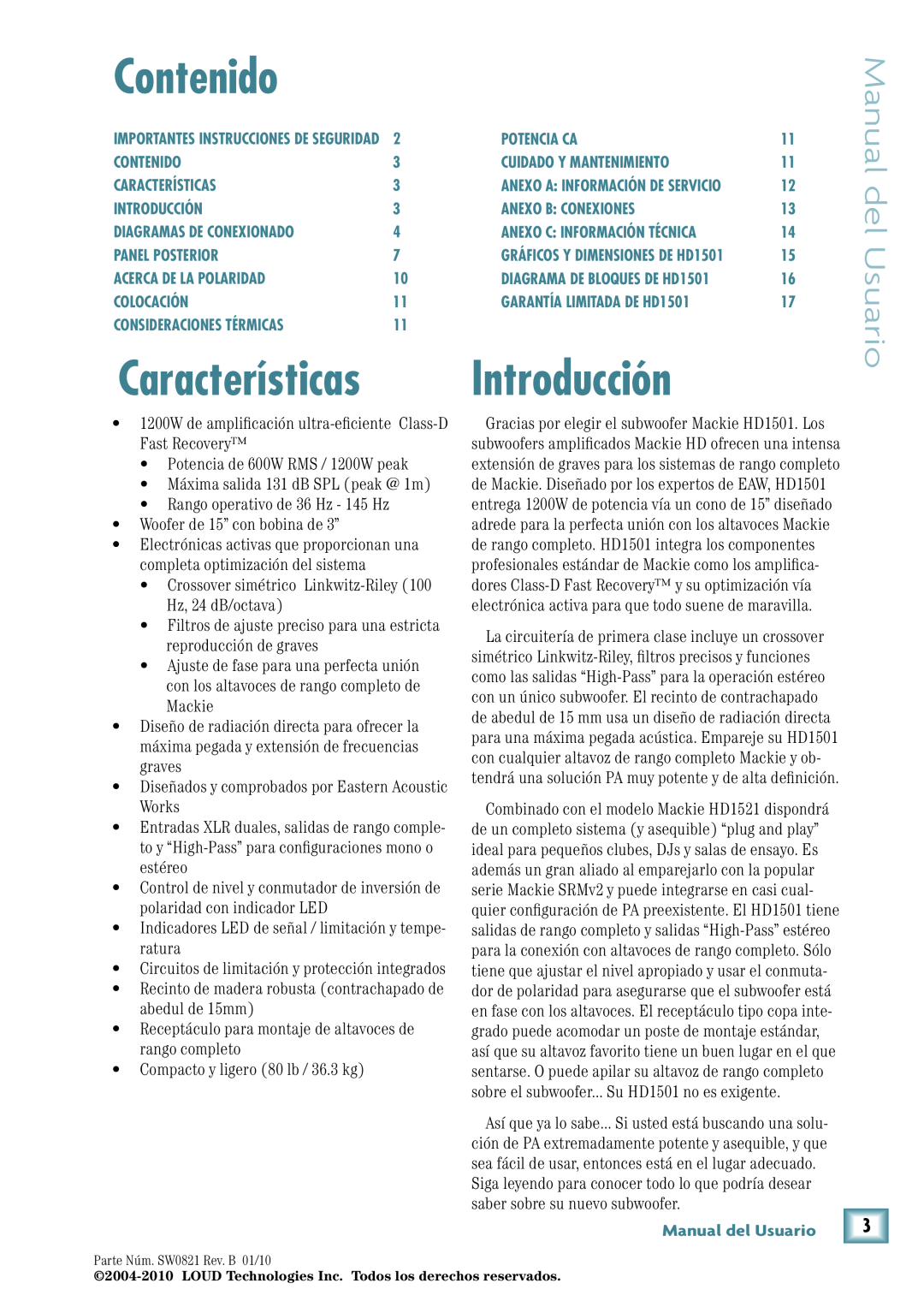 Mackie HD1501 manual Contenido, Introducción, Manual del Usuario, Características 