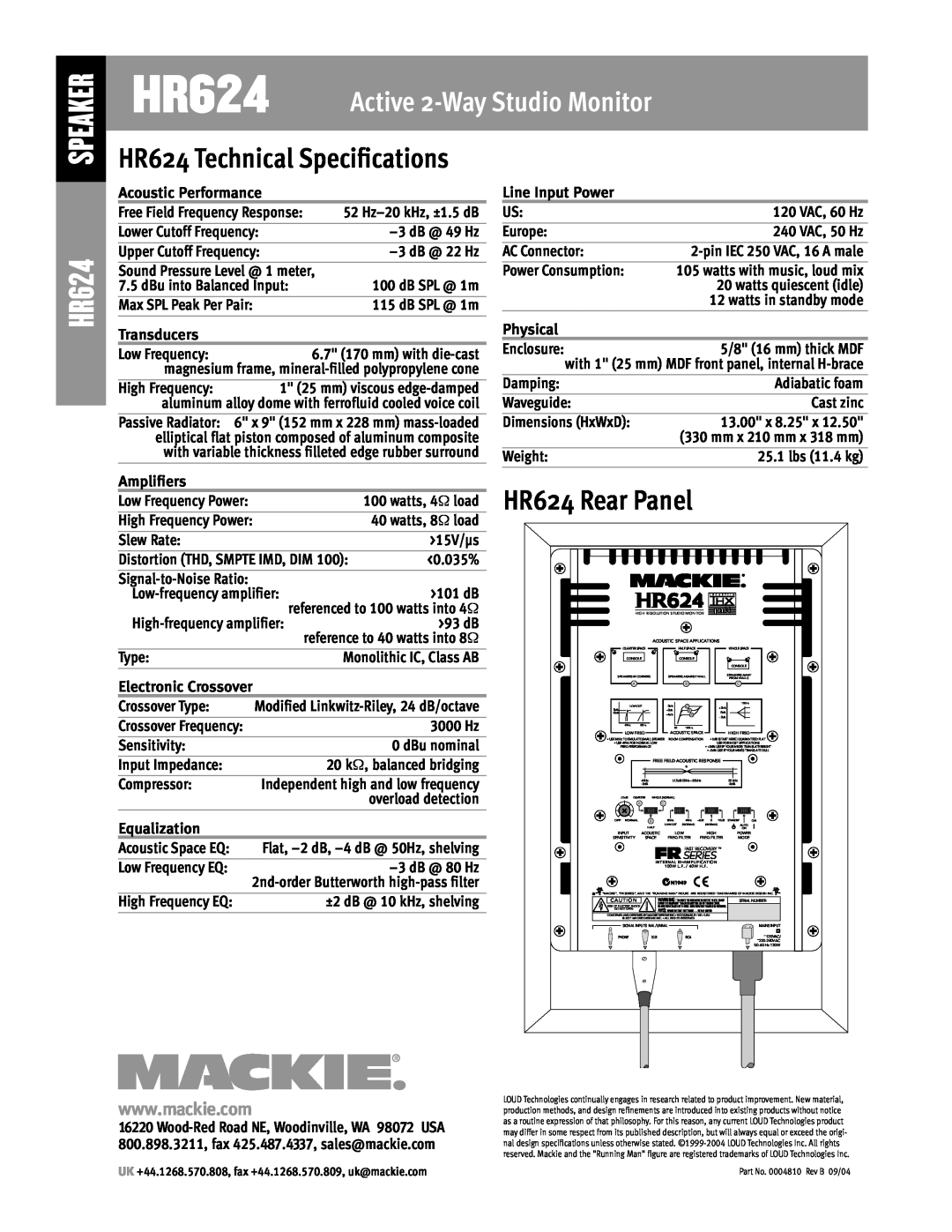 Mackie manual HR624 Rear Panel, Speaker, HR624 Active 2-WayStudio Monitor, HR624 Technical Specifications 