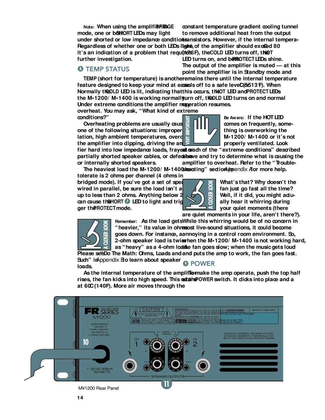 Mackie M1200/M1400 owner manual Temp Status, Power 