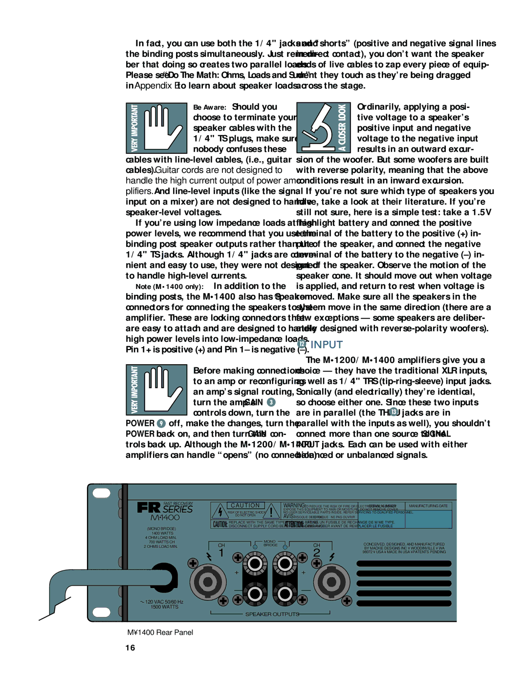 Mackie M1200/M1400 Input, Be Aware Should you, Choose to terminate your Speaker cables with, Before making connections 