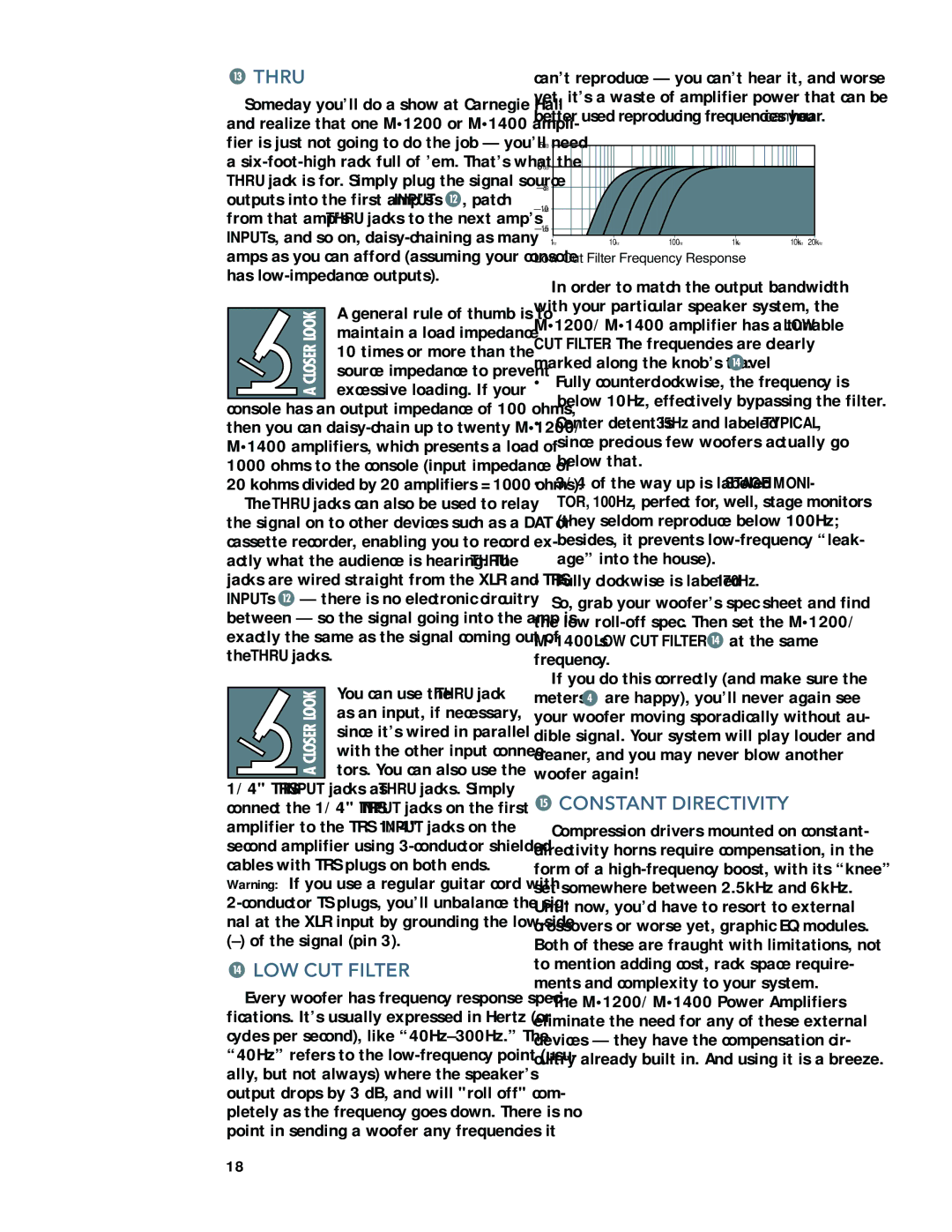 Mackie M1200/M1400 owner manual Thru, LOW CUT Filter, Constant Directivity 