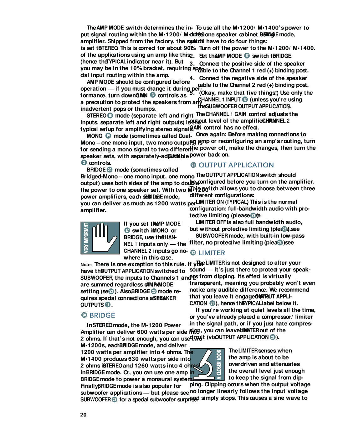 Mackie M1200/M1400 owner manual Bridge, Output Application, Limiter, NEL 1 inputs only 