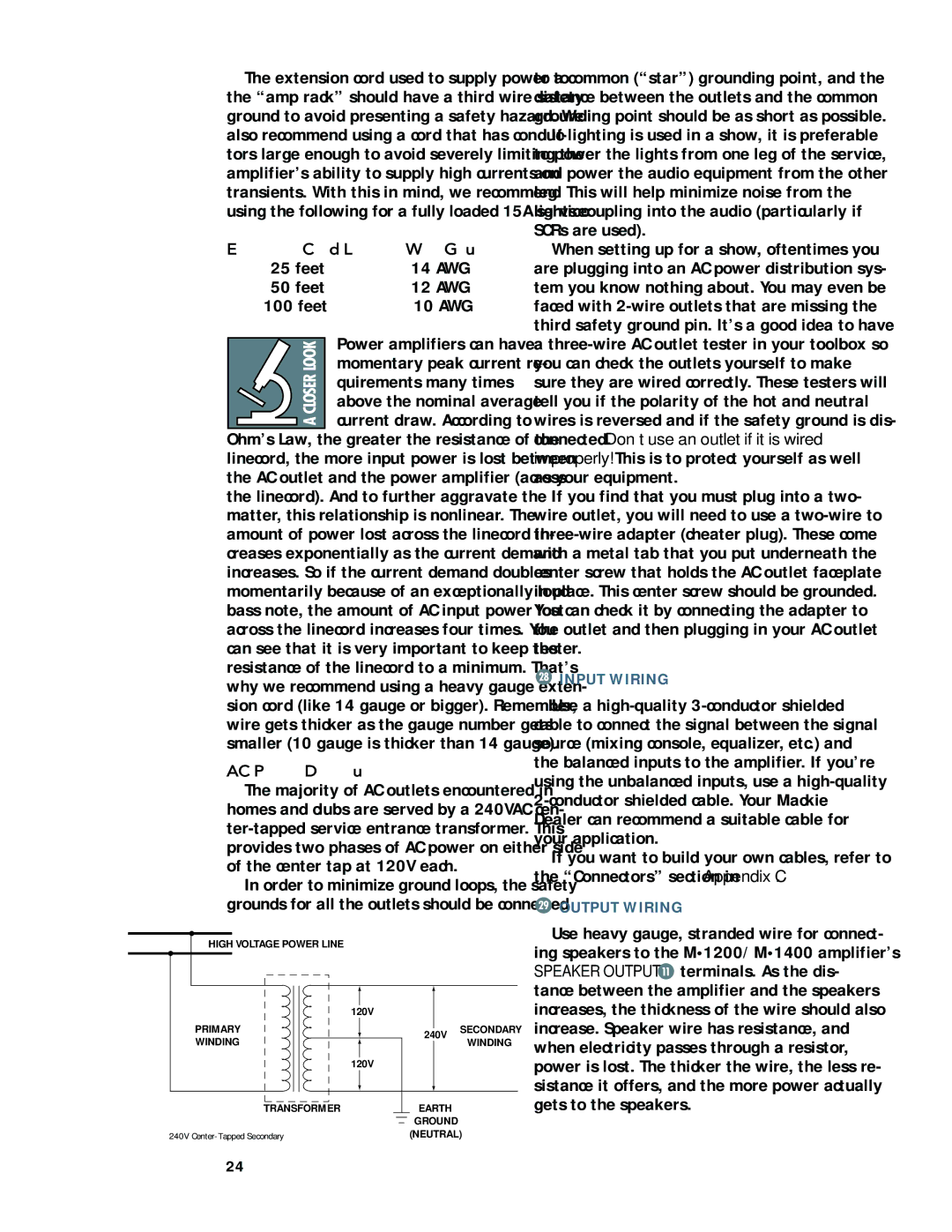 Mackie M1200/M1400 owner manual Input Wiring, Output Wiring, Feet, AC Power Distribution 