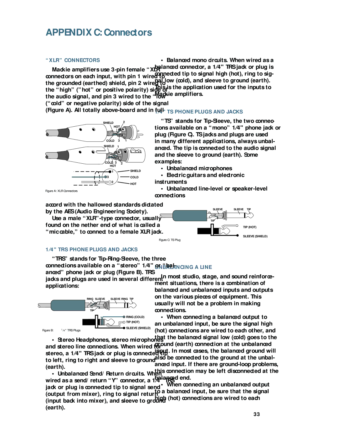 Mackie M1200/M1400 owner manual XLR Connectors, ⁄4 TS Phone Plugs and Jacks, Unbalancing a Line, Instruments, Connections 