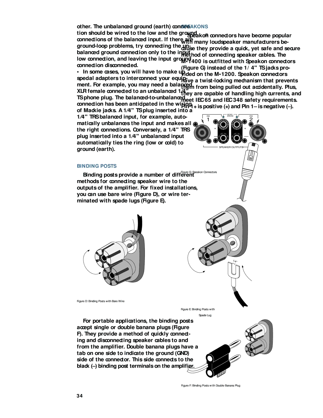 Mackie M1200/M1400 owner manual Speakons, Binding Posts 