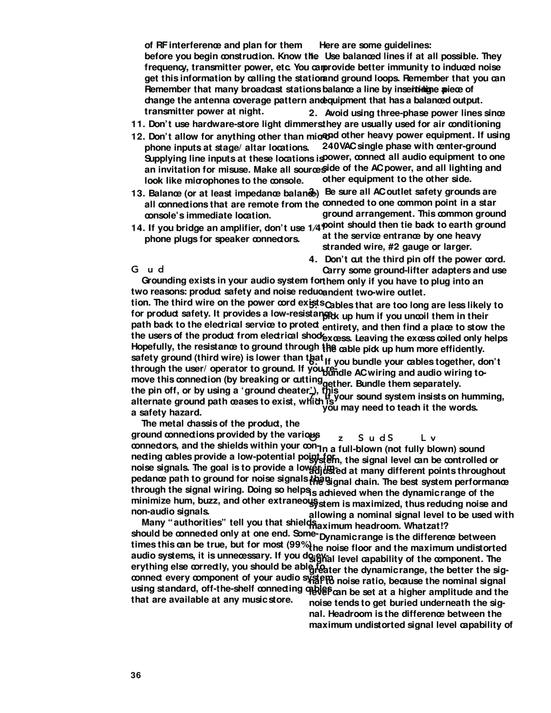 Mackie M1200/M1400 owner manual Grounding, Here are some guidelines, Optimizing Sound System Levels 