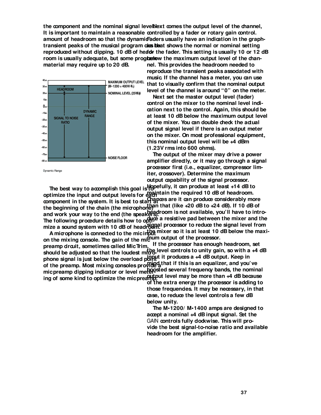 Mackie M1200/M1400 owner manual Next set the master output level fader, Dynamic Range 