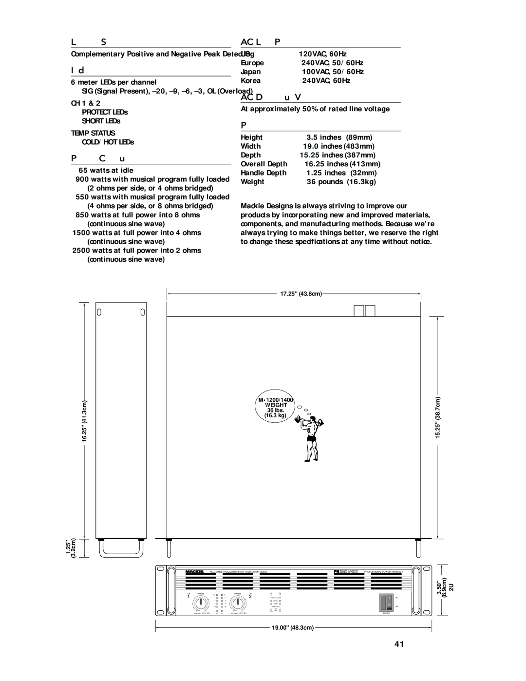 Mackie M1200/M1400 Limiter Section, Indicators, Power Consumption, AC Line Power, AC Drop-out Voltage, Physical 