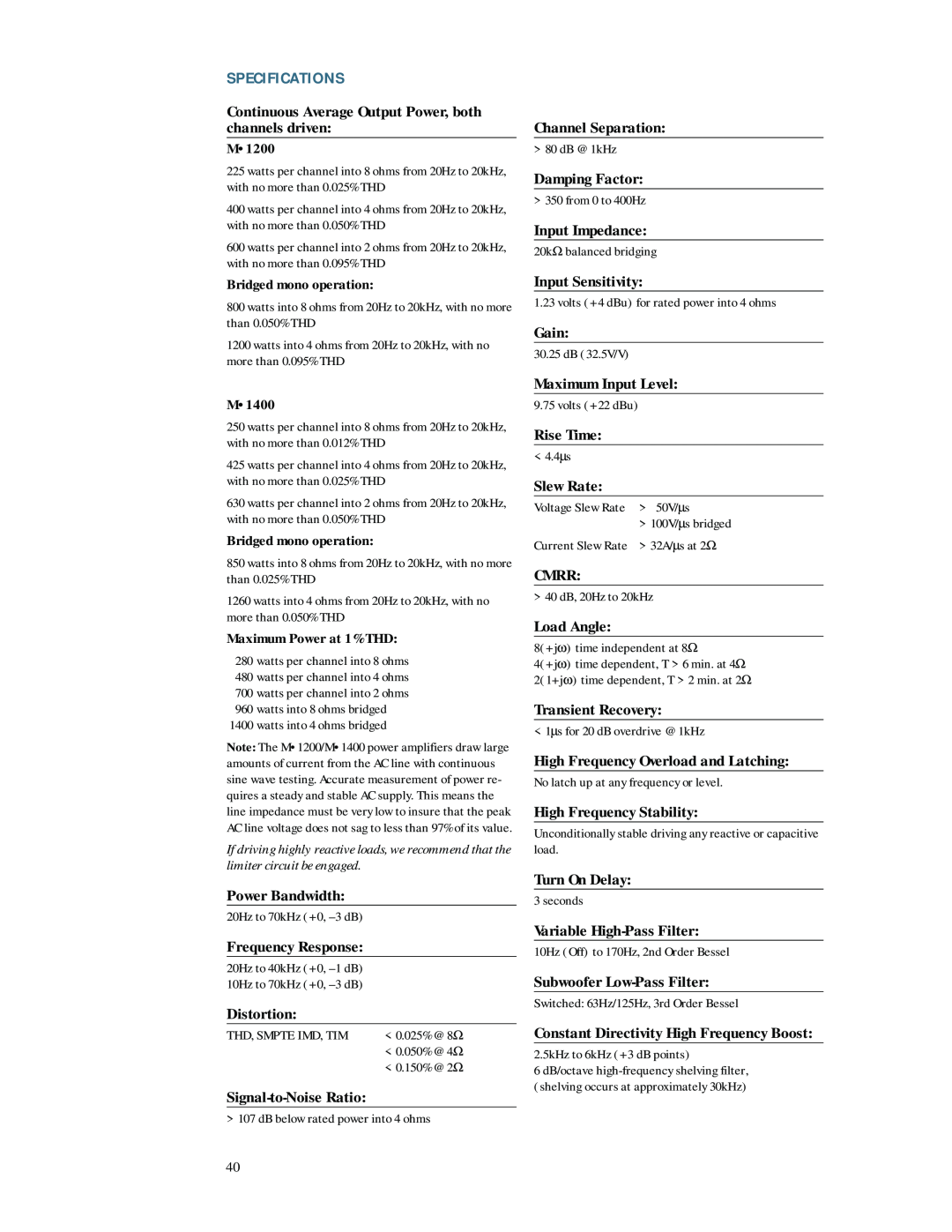 Mackie M1200/M1400 owner manual Specifications 