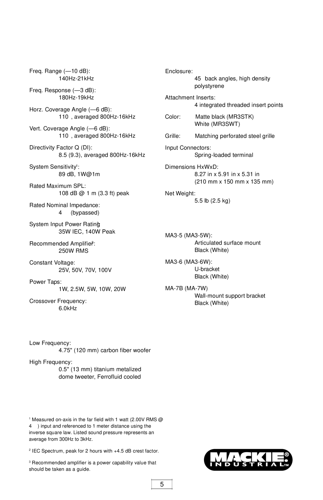 Mackie quick start MR3STK/MR3SWTK, Specifications 