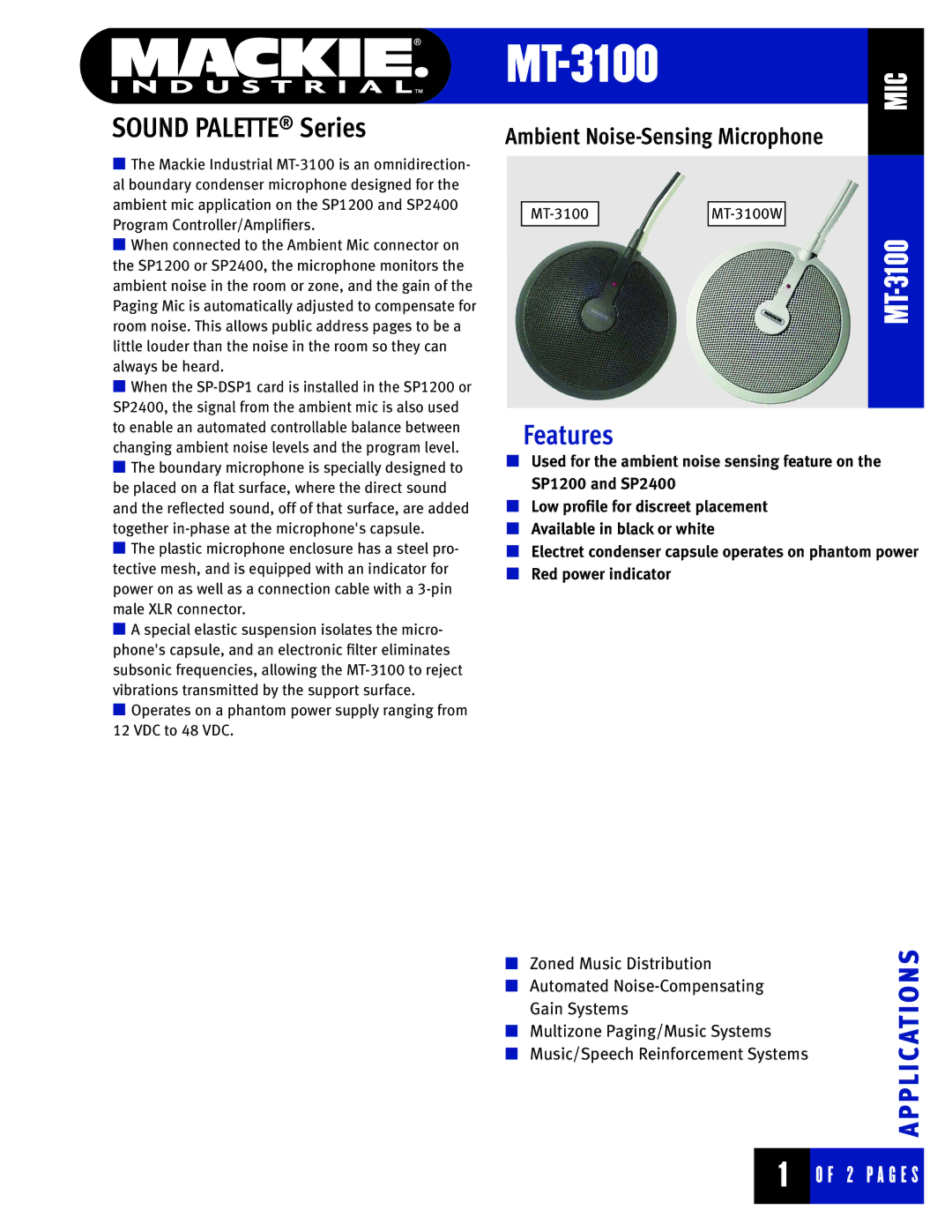 Mackie MT-3100 manual Sound Palette Series, Features 