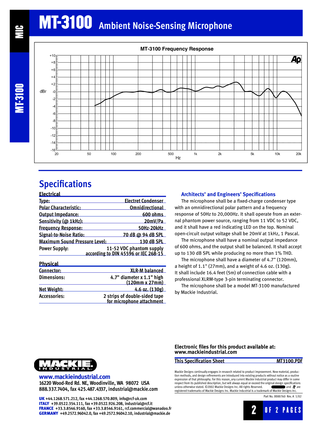 Mackie MT-3100 manual Ambient Noise-Sensing Microphone, Speaker, Architects’ and Engineers’ Specifications 