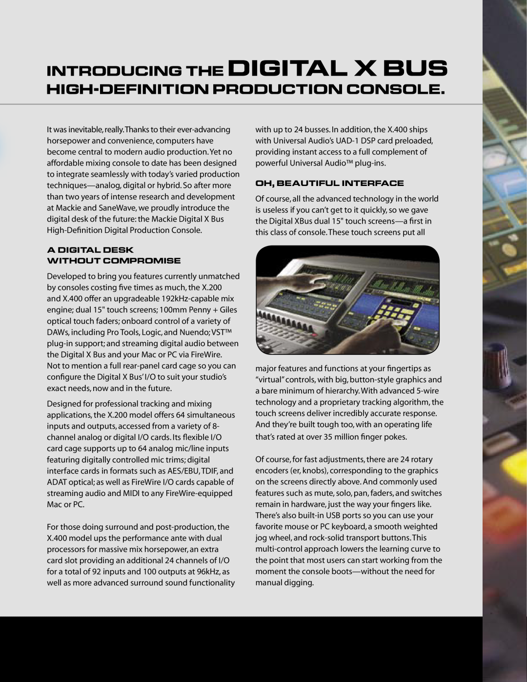 Mackie P/N0012557 Introducing The Digital X Bus High-Definition Production Console, A Digital Desk Without Compromise 