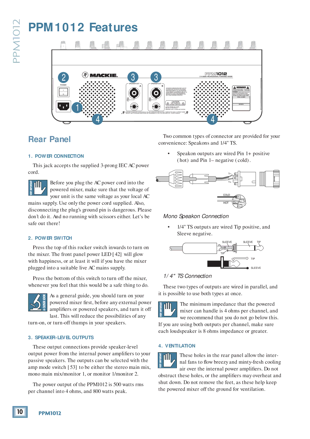 Mackie owner manual PPM1012 Features, Rear Panel, Power Switch, SPEAKER-LEVEL Outputs, Ventilation 