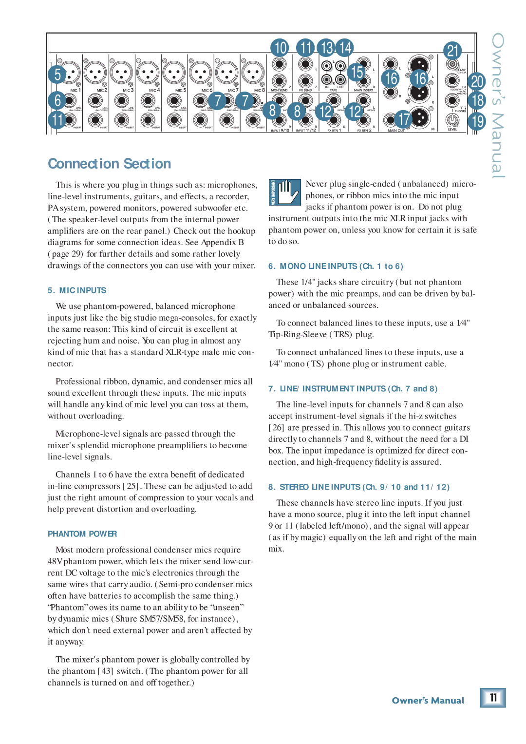 Mackie PPM1012 owner manual Connection Section, MIC Inputs, Phantom Power 