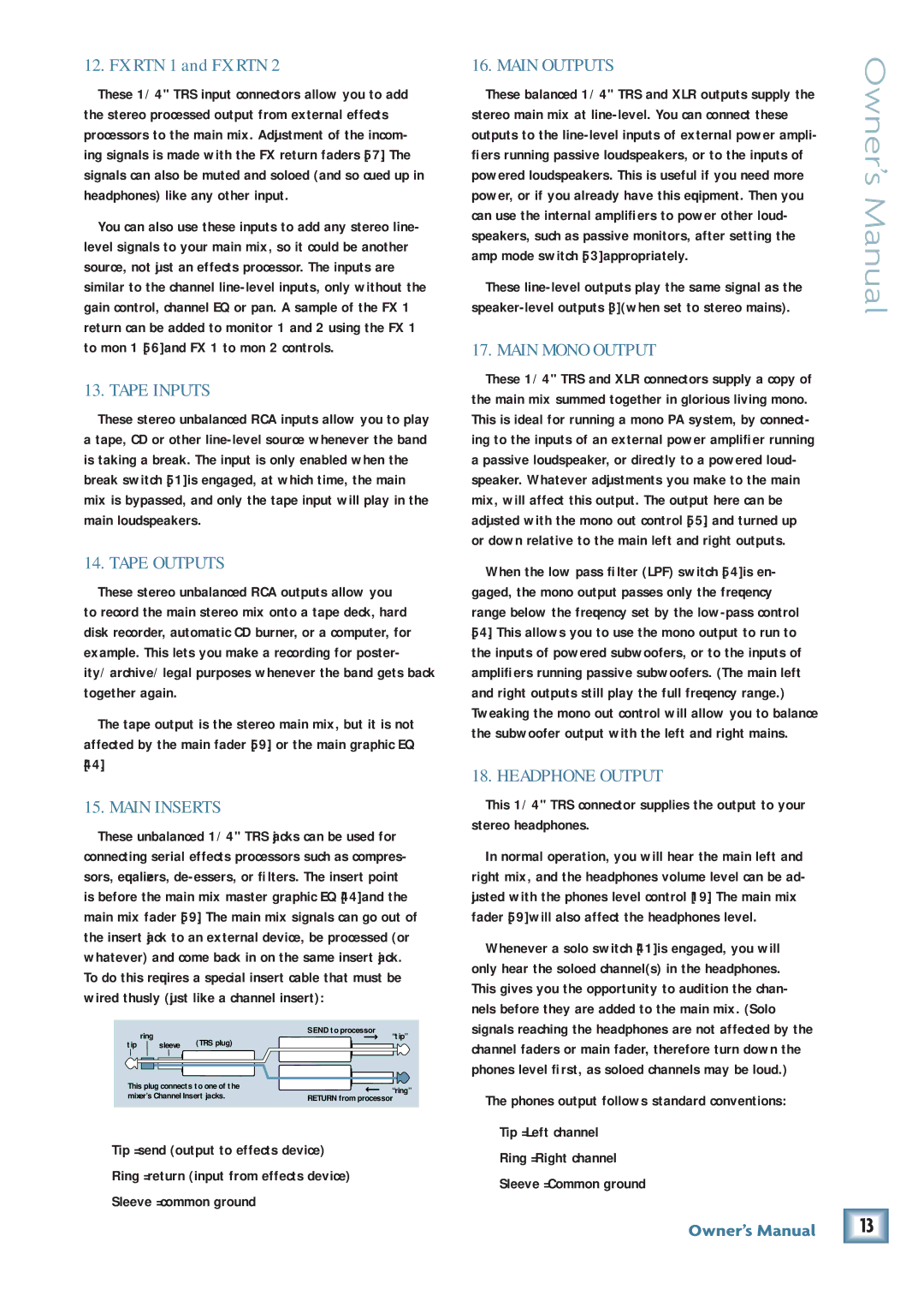 Mackie PPM1012 owner manual Tape Inputs, Tape Outputs, Main Inserts, Main Outputs, Main Mono Output, Headphone Output 