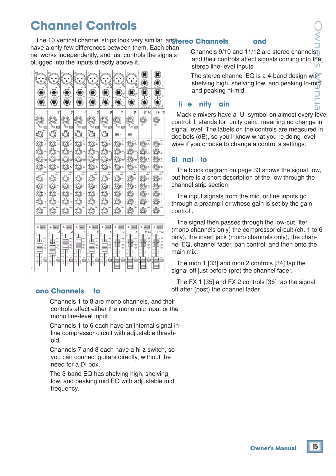 Mackie PPM1012 Channel Controls, Stereo Channels 9/10 and 11/12, Like Unity gain, Signal Flow, Mono Channels 1 to 