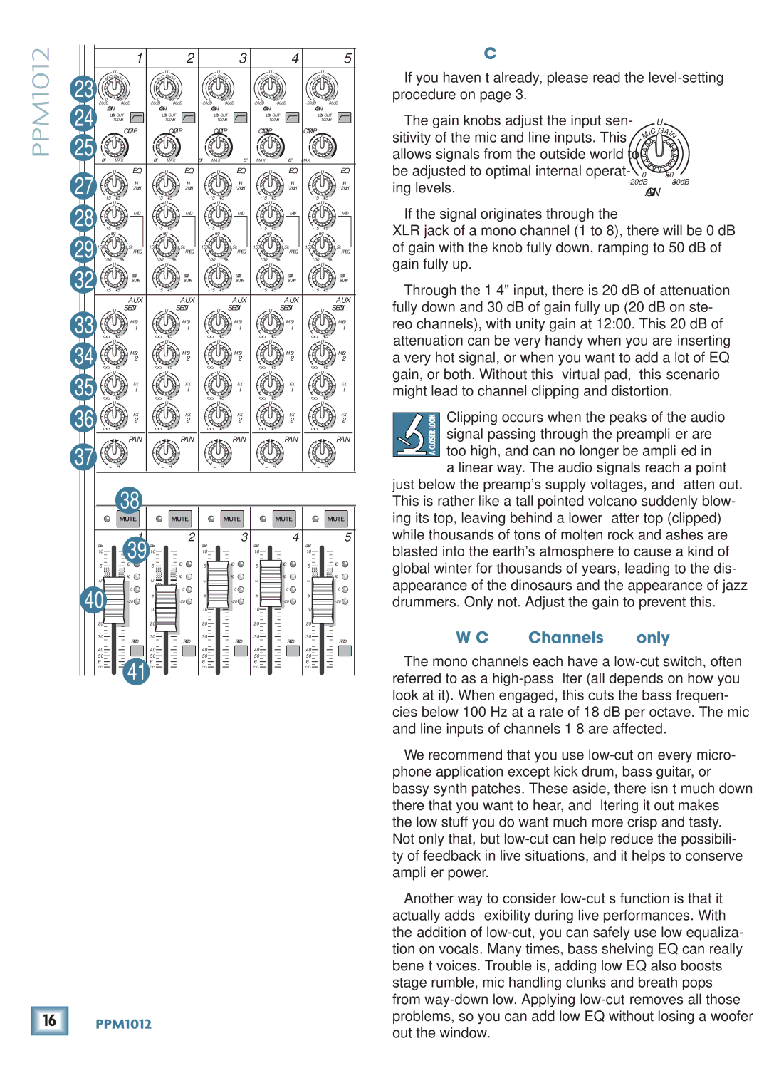 Mackie PPM1012 owner manual Gain Control, LOW CUT Channels 1-8 only, Ing levels 
